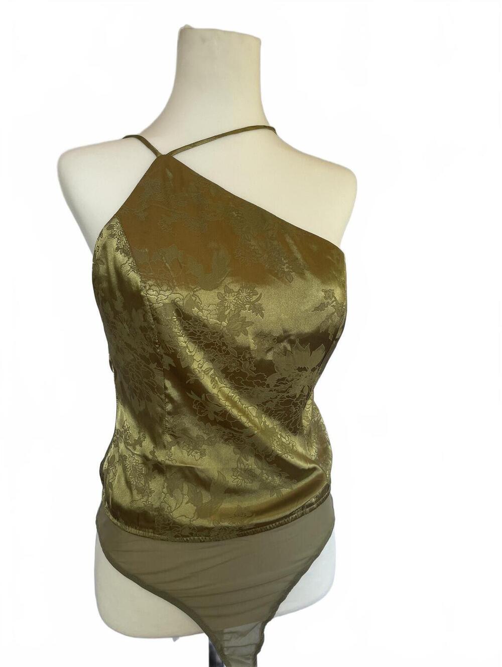 Lulus Olive Satin Jacquard Bodysuit XL Y2K Whimsigoth Dark Feminine Forest Fairy